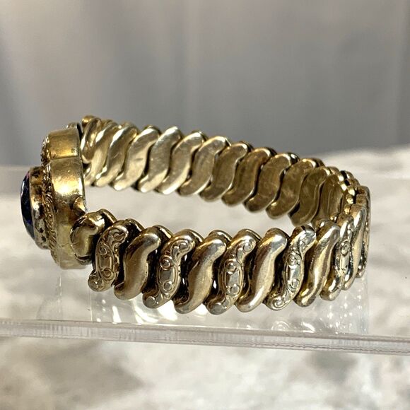 Vintage Co-Star Sweetheart Expansion Bracelet Gold Tone Blue Glass Heart 1940s - Picture 4 of 15